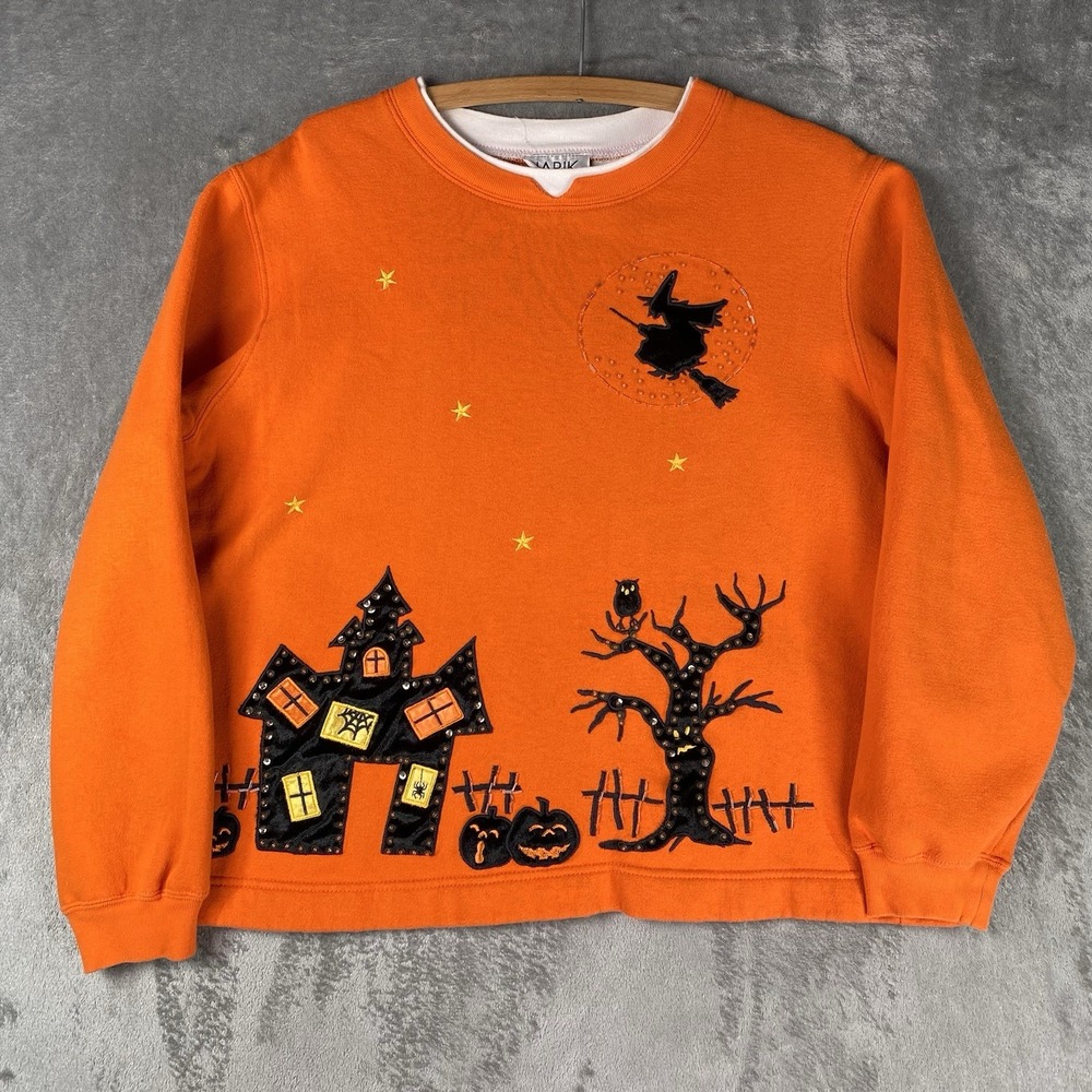 Vintage Halloween Sweatshirt Womens Size L Orange Witch Haunted House Pumpkins